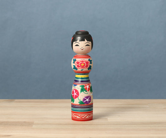 ABO, Masafumi 阿保正文工人 | Asagao-morning glory kokeshi doll 朝顔こけし | Tsugaru style 津軽系 | 15cm in height