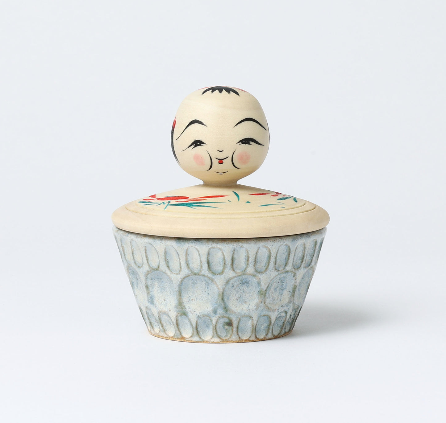 HIRAGA, Teruyuki 平賀輝幸工人 | kokeshi lid with pottery こけし蓋の器 |  Sakunami style 作並系 | 9cm in height