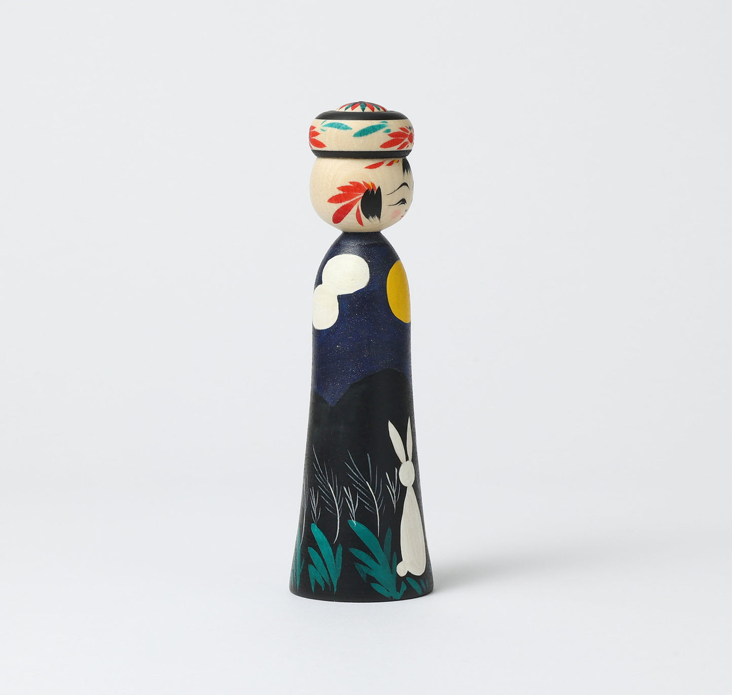 HIRAGA, Teruyuki 平賀輝幸工人 | Otsukimi-harvest moon kokeshi doll お月見こけし |  Sakunami style 作並系 | 16.5cm in height