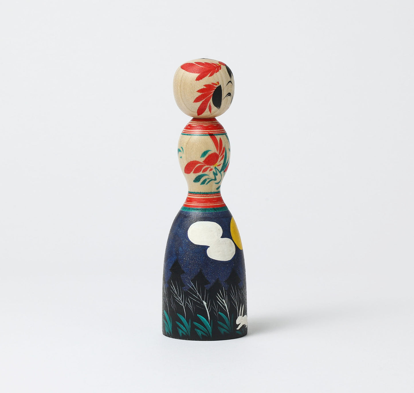 HIRAGA, Teruyuki 平賀輝幸工人 | Otsukimi-harvest moon kokeshi doll お月見こけし |  Sakunami style 作並系 | 16cm in height