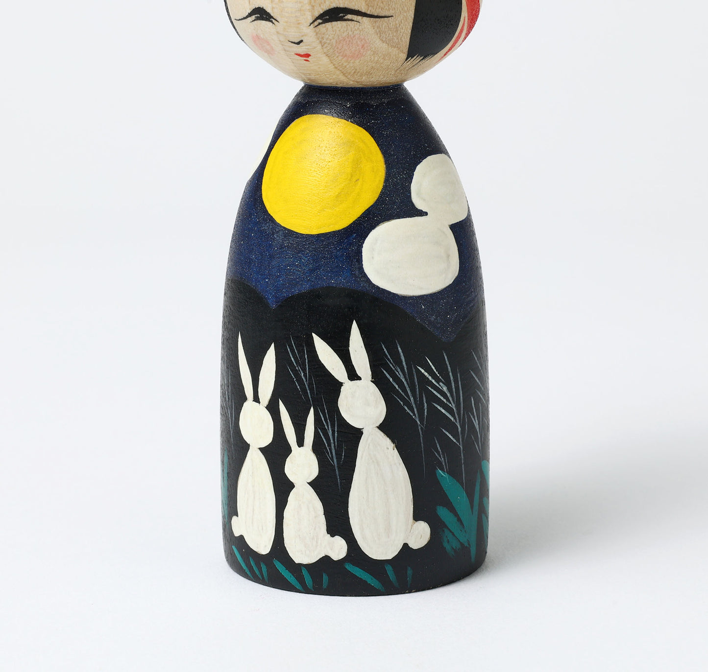 HIRAGA, Teruyuki 平賀輝幸工人 | Otsukimi usagi-harvest moon and rabbit kokeshi doll お月見うさぎこけし |  Sakunami style 作並系 | 14cm in height