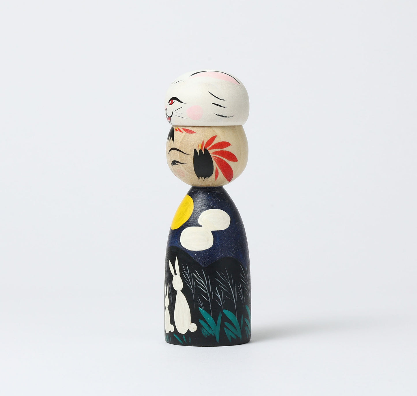 HIRAGA, Teruyuki 平賀輝幸工人 | Otsukimi usagi-harvest moon and rabbit kokeshi doll お月見うさぎこけし |  Sakunami style 作並系 | 14cm in height