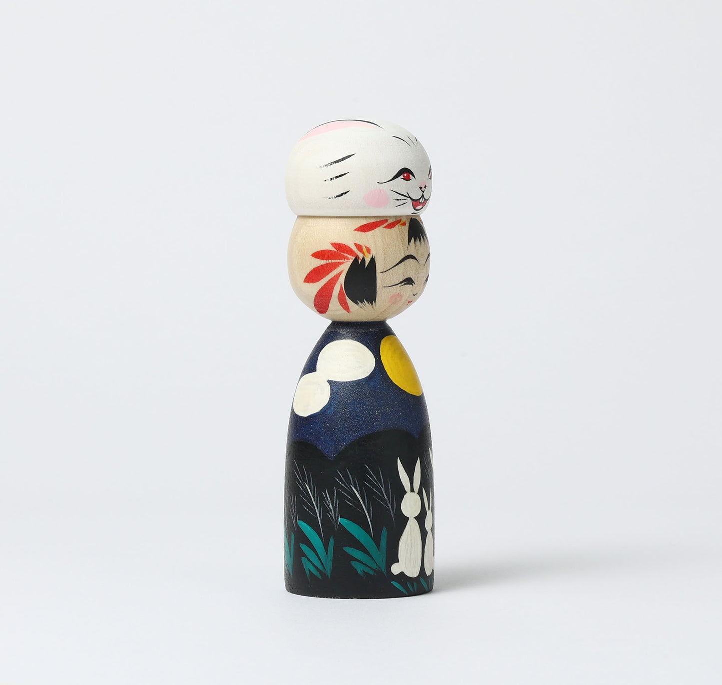 HIRAGA, Teruyuki 平賀輝幸工人 | Otsukimi usagi-harvest moon and rabbit kokeshi doll お月見うさぎこけし |  Sakunami style 作並系 | 14cm in height