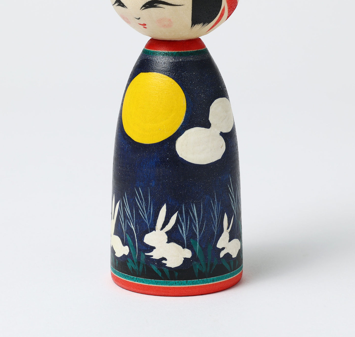 HIRAGA, Teruyuki 平賀輝幸工人 | Otsukimi usagi-harvest moon and rabbit kokeshi doll お月見うさぎこけし |  Sakunami style 作並系 | 13cm in height