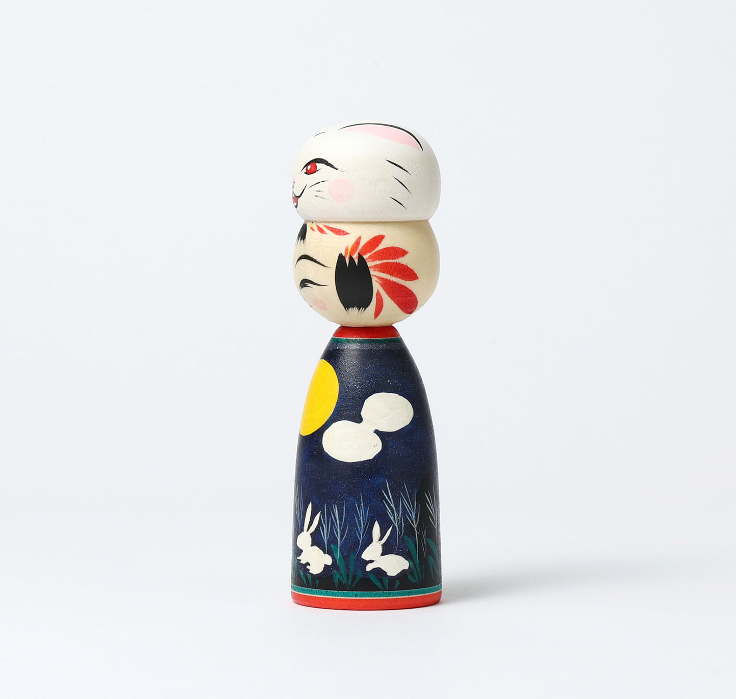 HIRAGA, Teruyuki 平賀輝幸工人 | Otsukimi usagi-harvest moon and rabbit kokeshi doll お月見うさぎこけし |  Sakunami style 作並系 | 13cm in height