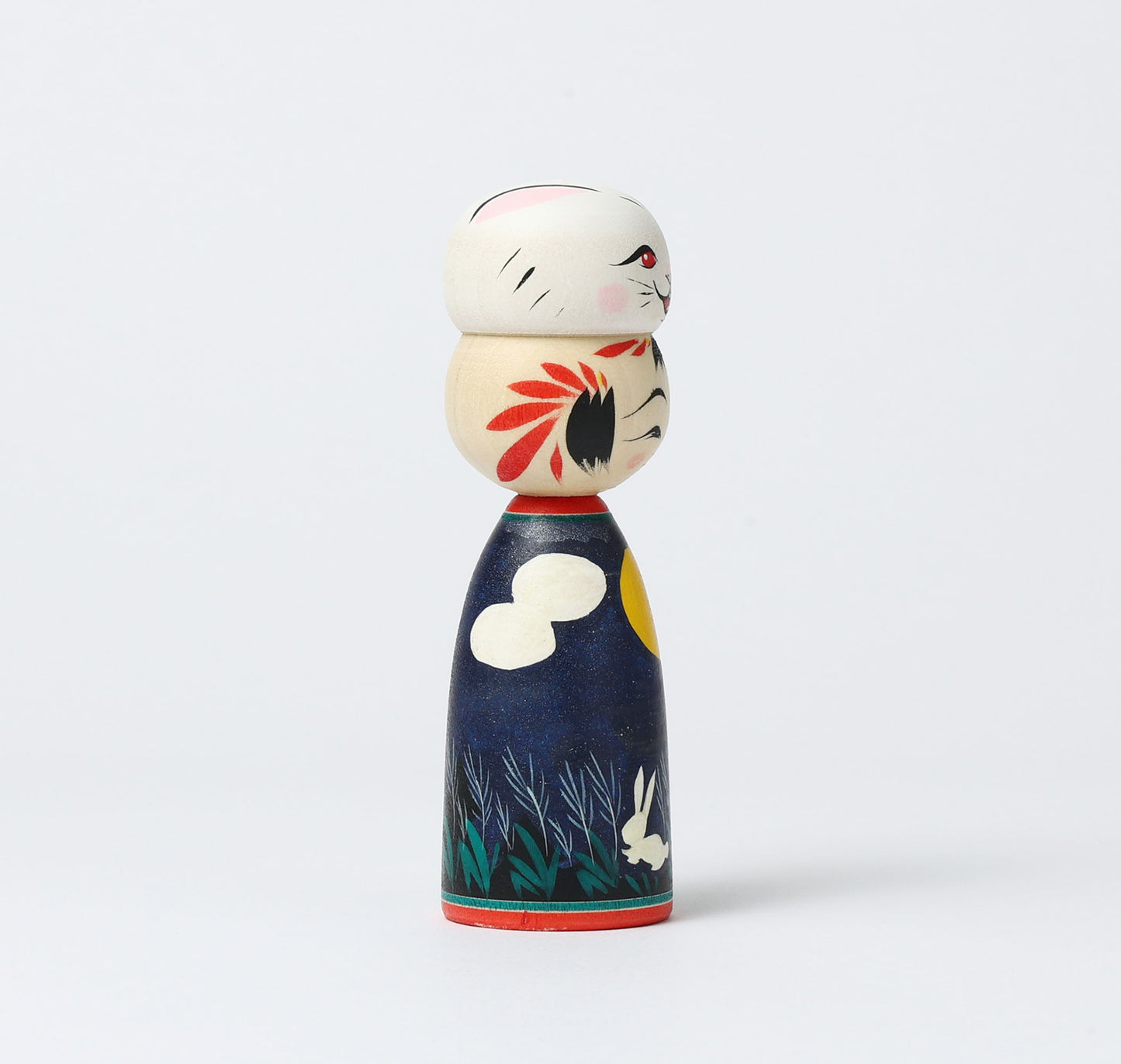 HIRAGA, Teruyuki 平賀輝幸工人 | Otsukimi usagi-harvest moon and rabbit kokeshi doll お月見うさぎこけし |  Sakunami style 作並系 | 13cm in height