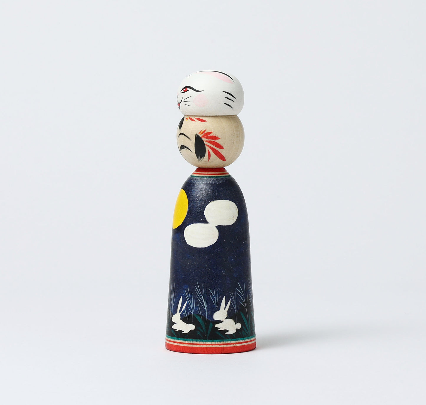 HIRAGA, Teruyuki 平賀輝幸工人 | Otsukimi usagi-harvest moon and rabbit kokeshi doll お月見うさぎこけし |  Sakunami style 作並系 | 13cm in height