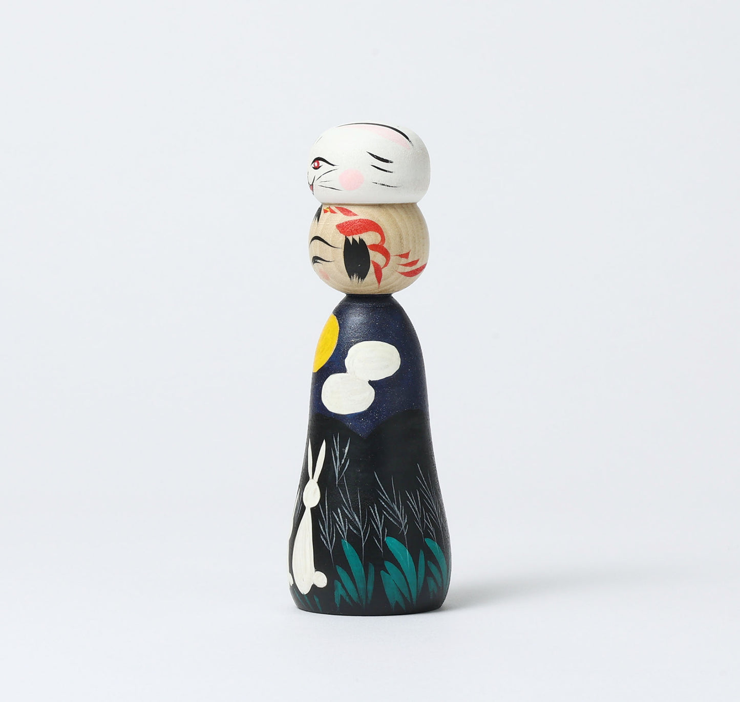 HIRAGA, Teruyuki 平賀輝幸工人 | Otsukimi usagi-harvest moon and rabbit kokeshi doll お月見うさぎこけし |  Sakunami style 作並系 | 13cm in height