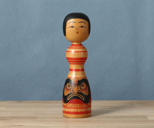 Vintage Daruma-e kokeshi doll | MORI, Senzo 毛利専蔵工人(1916-2003) | 古品だるま絵こけし |  Tsugaru style 津軽系 | 24.5cm in height