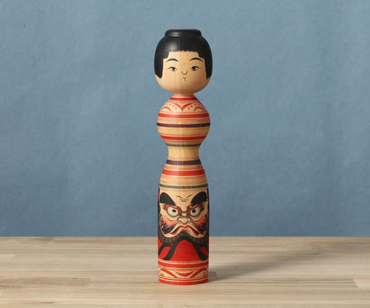 Vintage Daruma-e kokeshi doll | SASAMORI, Junichi 笹森純一工人 | 古品だるま絵こけし |  Tsugaru style 津軽系 | 24.5cm in height